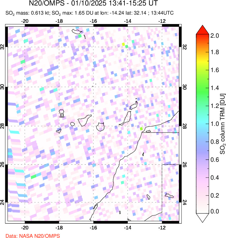 A sulfur dioxide image over Canary Islands on Jan 10, 2025.