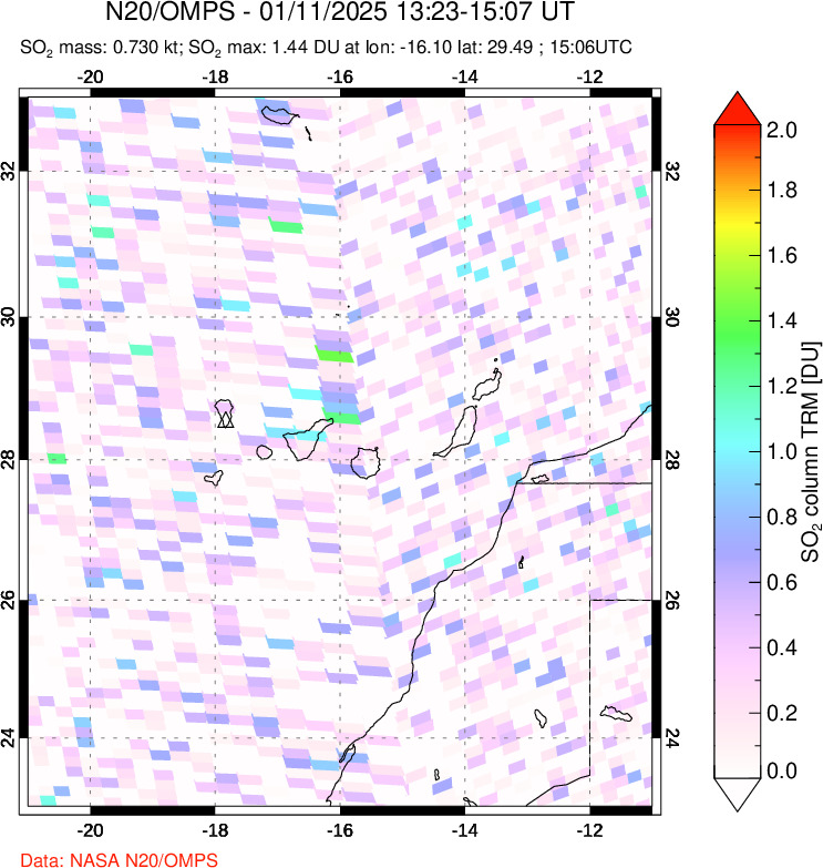 A sulfur dioxide image over Canary Islands on Jan 11, 2025.