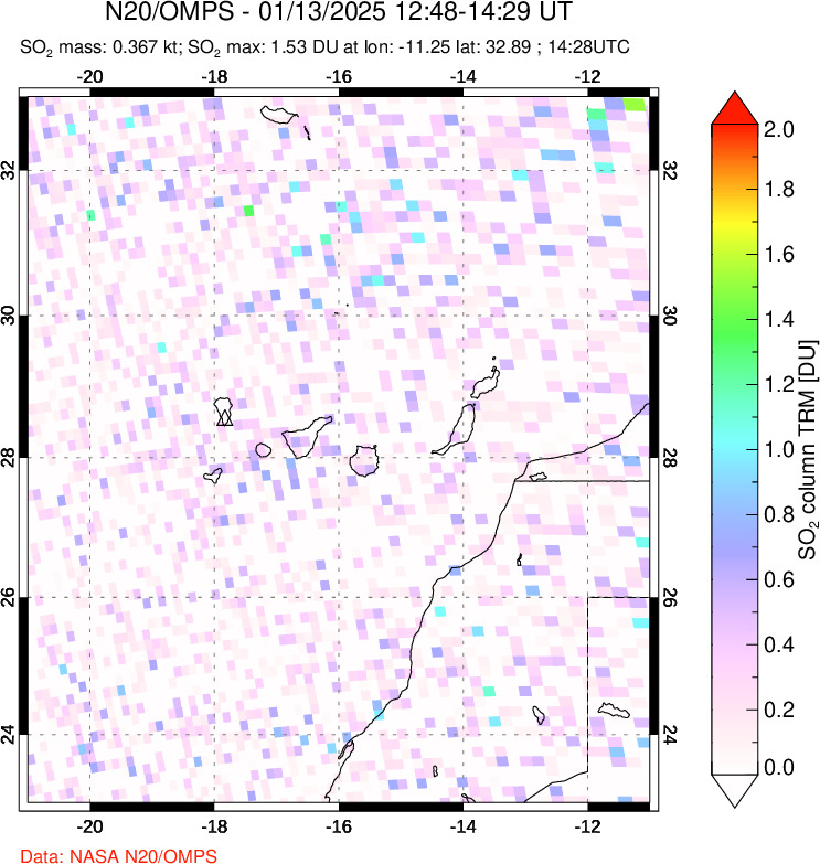 A sulfur dioxide image over Canary Islands on Jan 13, 2025.