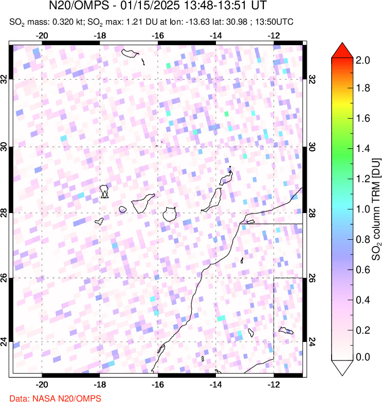 A sulfur dioxide image over Canary Islands on Jan 15, 2025.