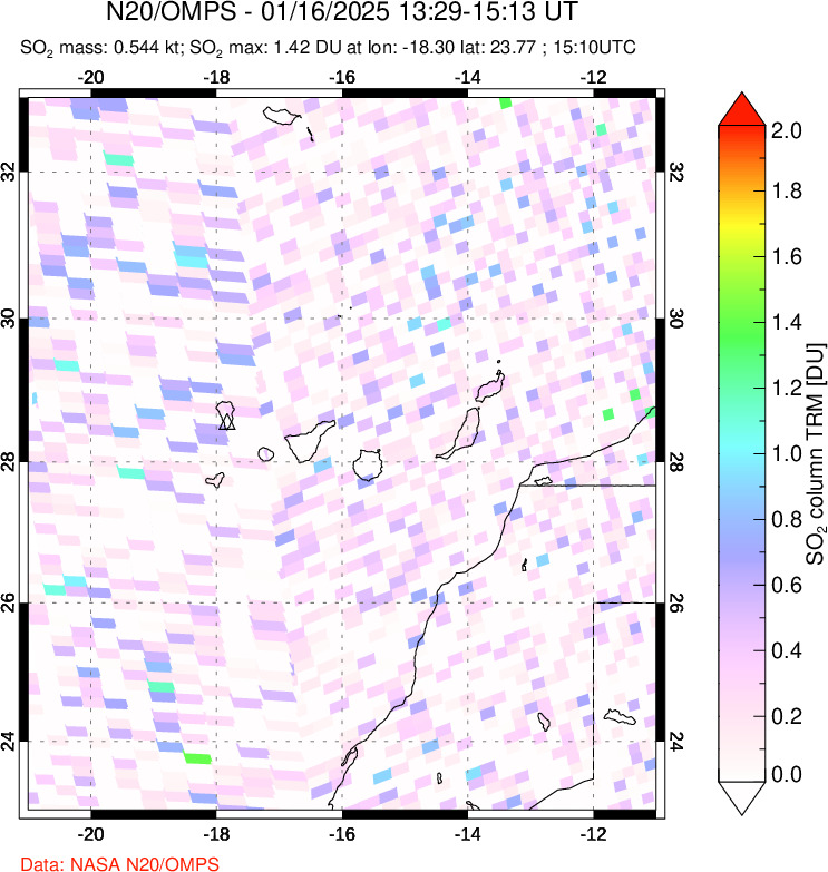 A sulfur dioxide image over Canary Islands on Jan 16, 2025.