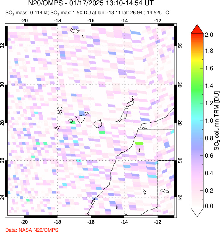 A sulfur dioxide image over Canary Islands on Jan 17, 2025.