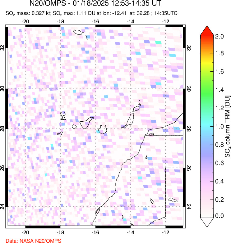 A sulfur dioxide image over Canary Islands on Jan 18, 2025.