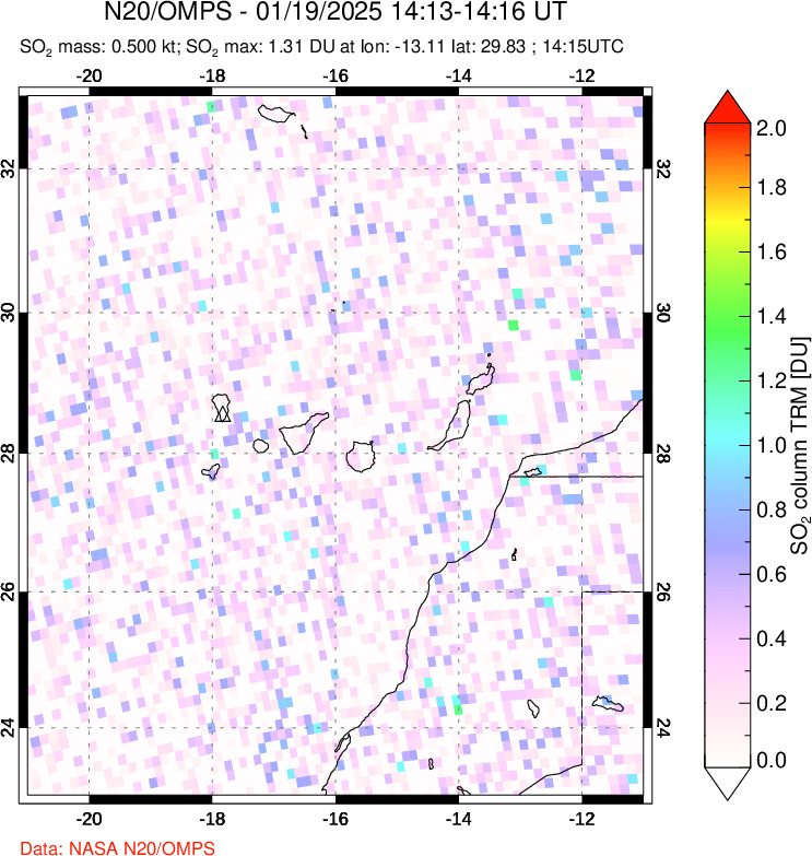 A sulfur dioxide image over Canary Islands on Jan 19, 2025.