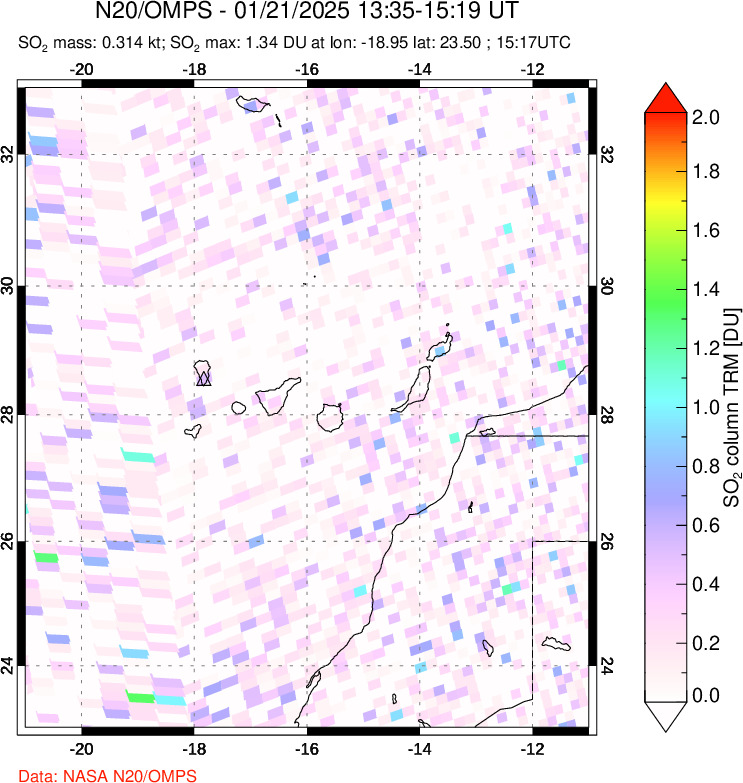 A sulfur dioxide image over Canary Islands on Jan 21, 2025.