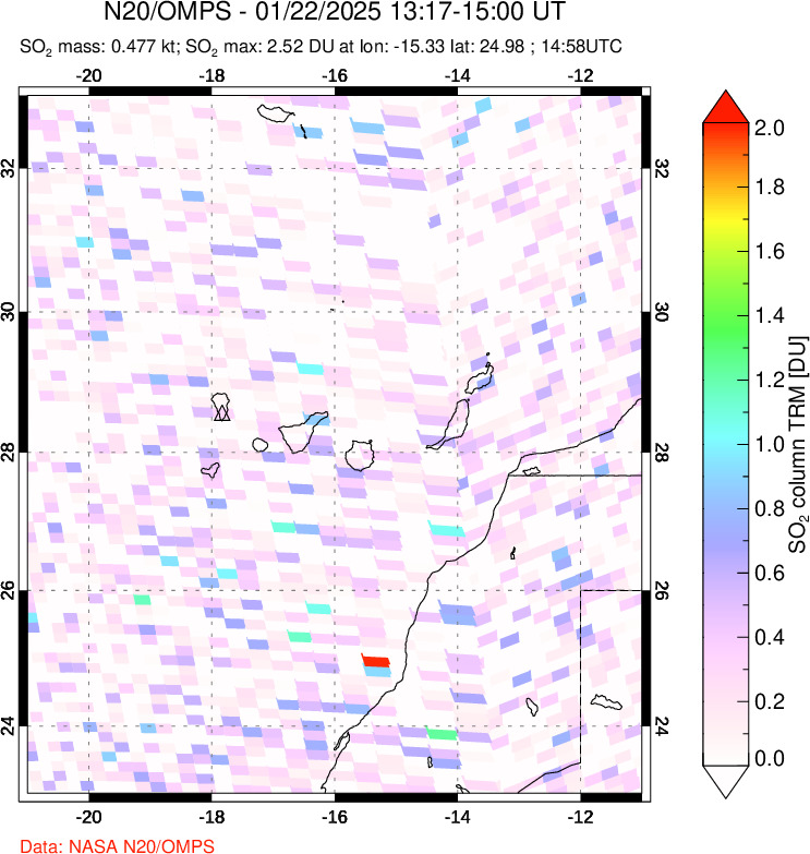 A sulfur dioxide image over Canary Islands on Jan 22, 2025.