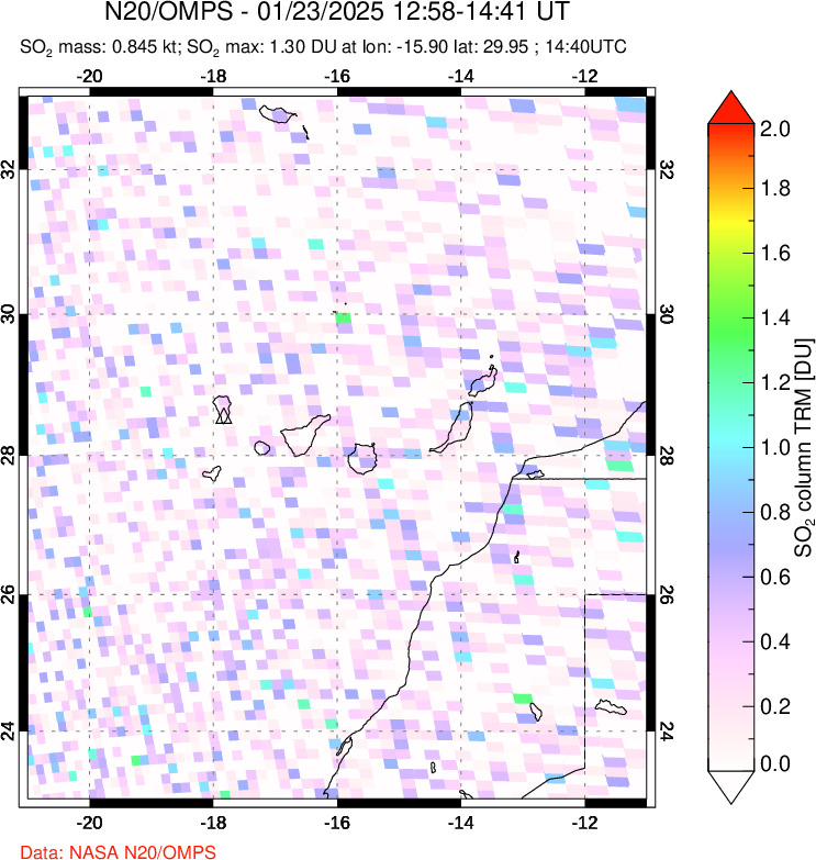 A sulfur dioxide image over Canary Islands on Jan 23, 2025.