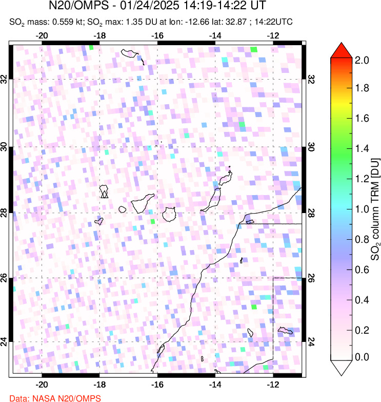 A sulfur dioxide image over Canary Islands on Jan 24, 2025.