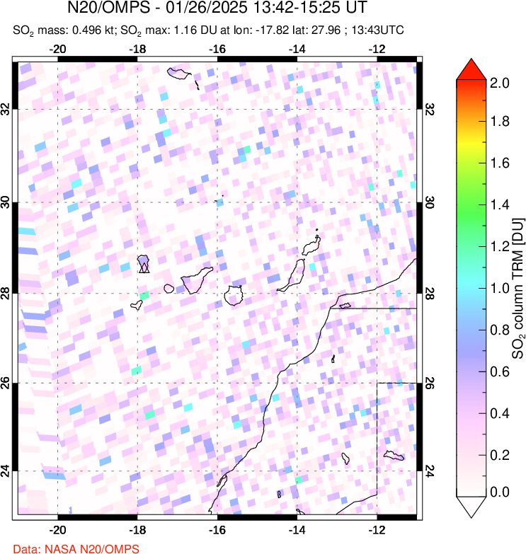 A sulfur dioxide image over Canary Islands on Jan 26, 2025.