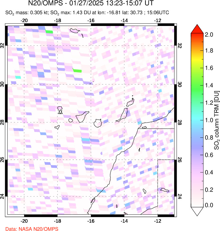 A sulfur dioxide image over Canary Islands on Jan 27, 2025.