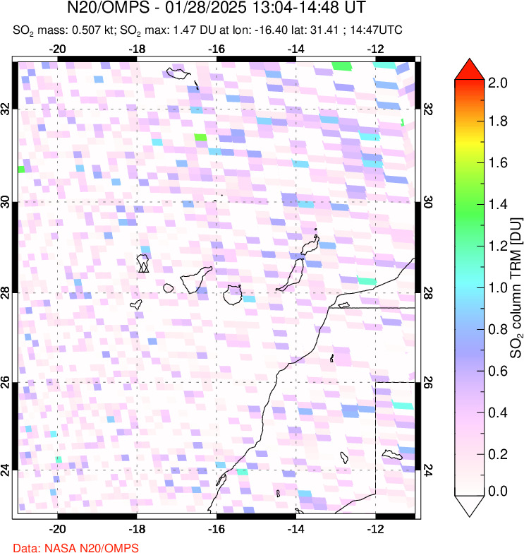 A sulfur dioxide image over Canary Islands on Jan 28, 2025.