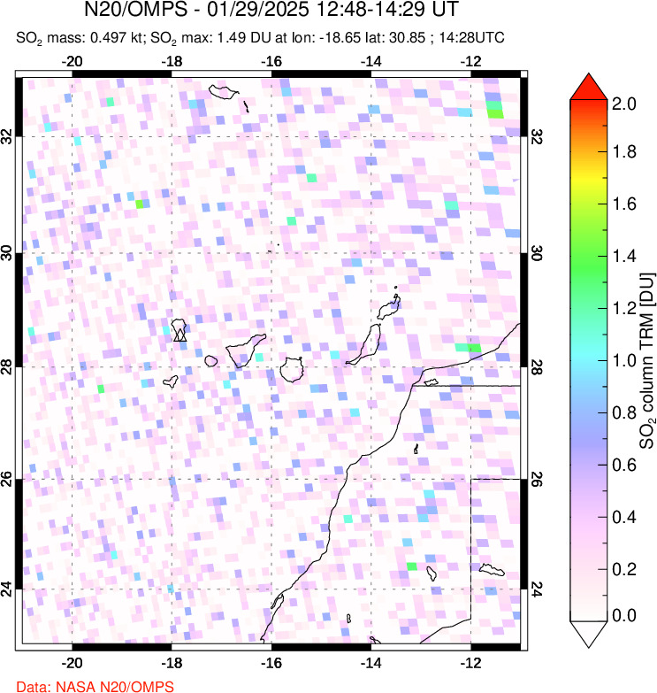 A sulfur dioxide image over Canary Islands on Jan 29, 2025.