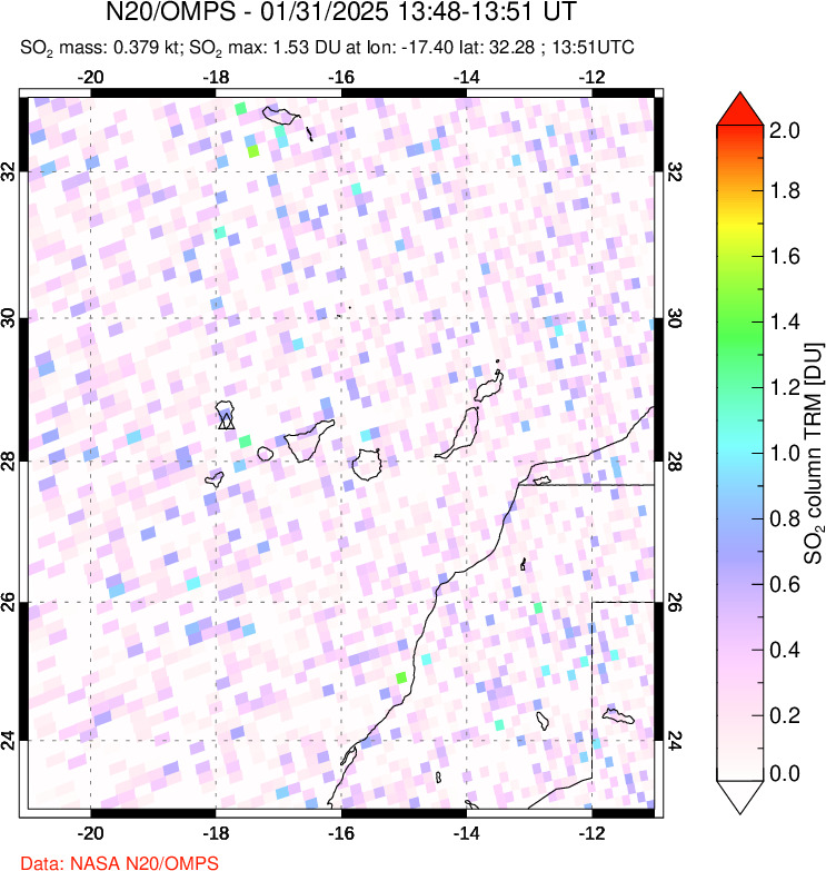 A sulfur dioxide image over Canary Islands on Jan 31, 2025.