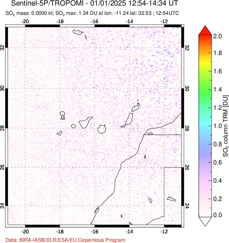 A sulfur dioxide image over Canary Islands on Jan 01, 2025.