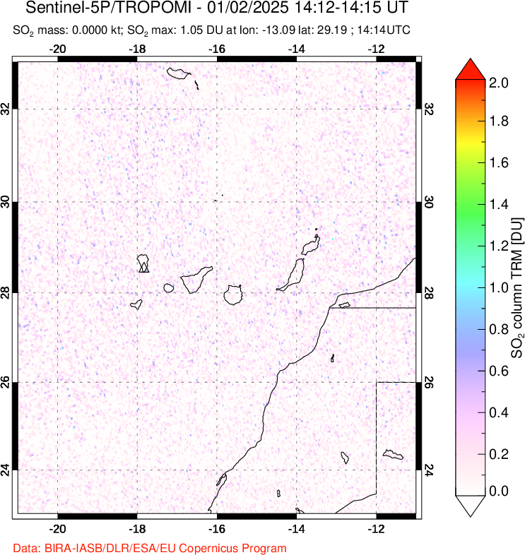 A sulfur dioxide image over Canary Islands on Jan 02, 2025.