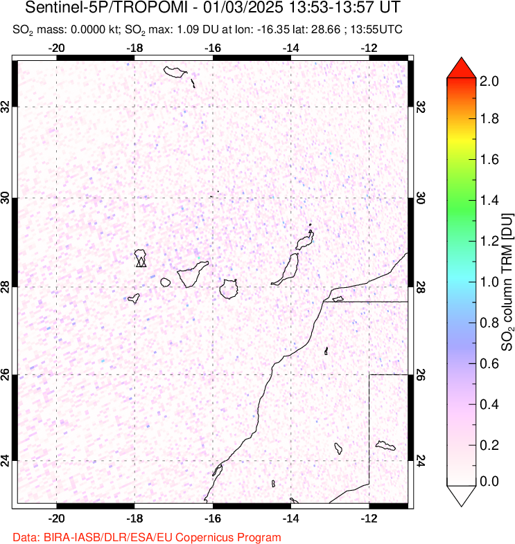 A sulfur dioxide image over Canary Islands on Jan 03, 2025.