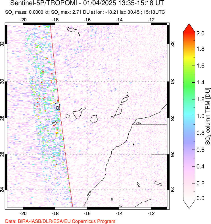 A sulfur dioxide image over Canary Islands on Jan 04, 2025.