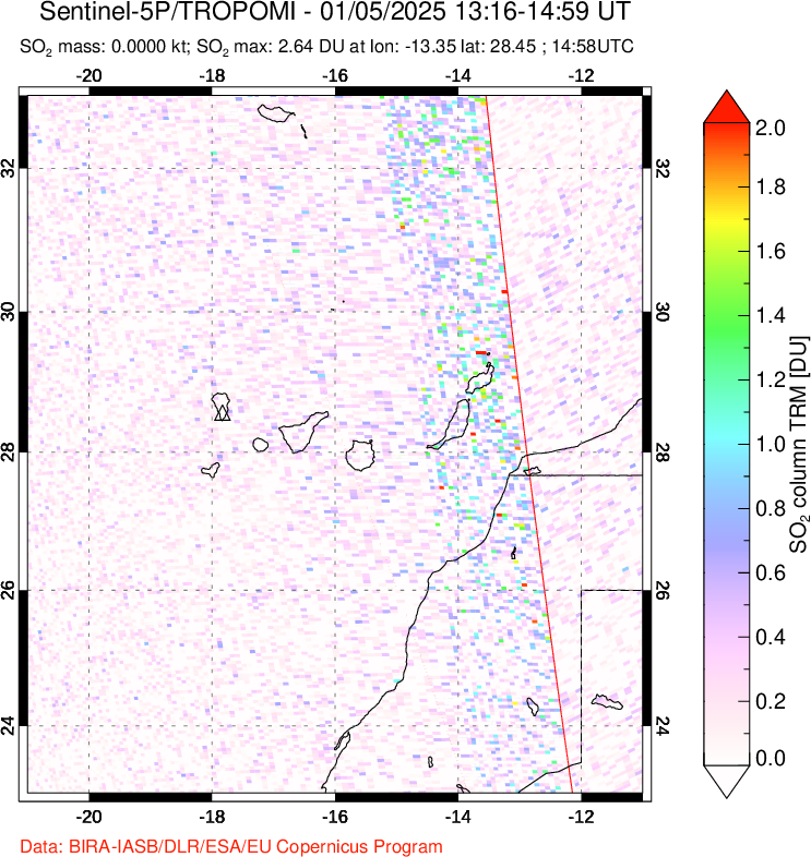 A sulfur dioxide image over Canary Islands on Jan 05, 2025.