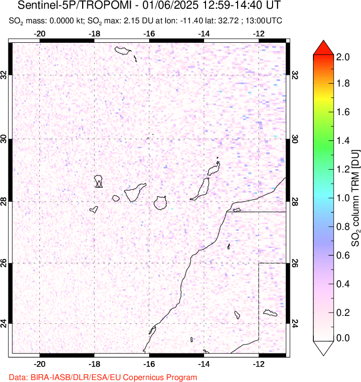 A sulfur dioxide image over Canary Islands on Jan 06, 2025.