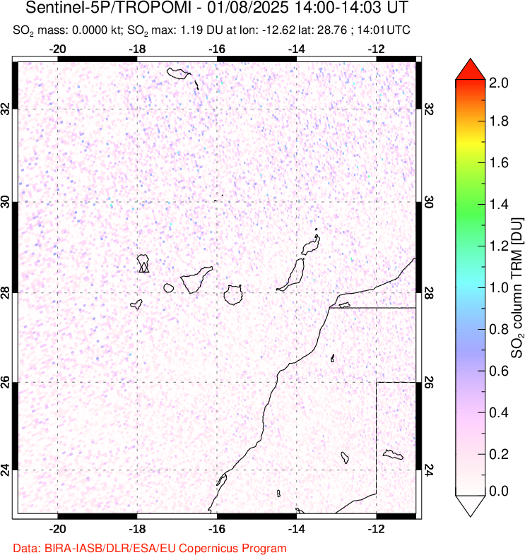 A sulfur dioxide image over Canary Islands on Jan 08, 2025.