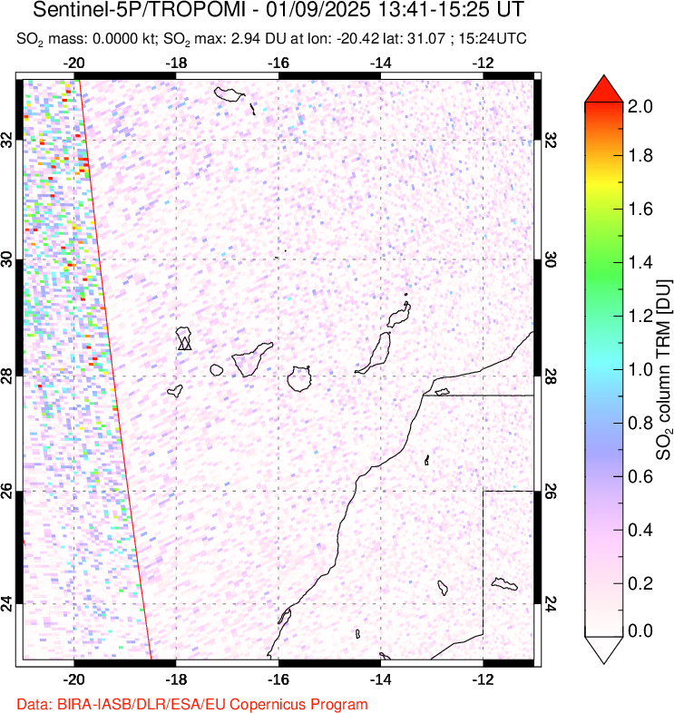 A sulfur dioxide image over Canary Islands on Jan 09, 2025.