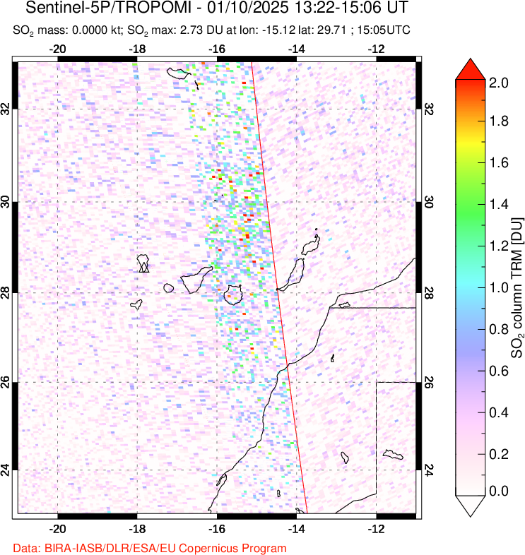 A sulfur dioxide image over Canary Islands on Jan 10, 2025.