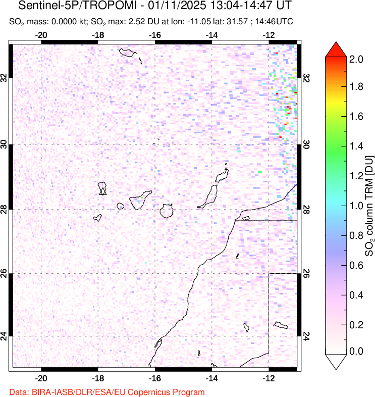 A sulfur dioxide image over Canary Islands on Jan 11, 2025.