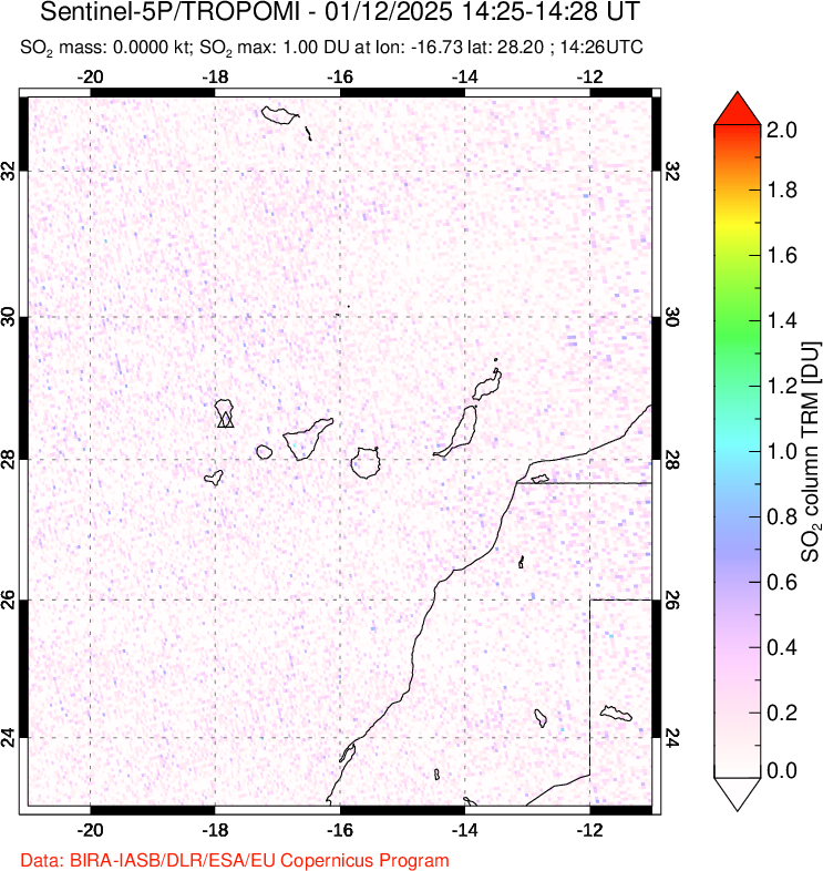 A sulfur dioxide image over Canary Islands on Jan 12, 2025.