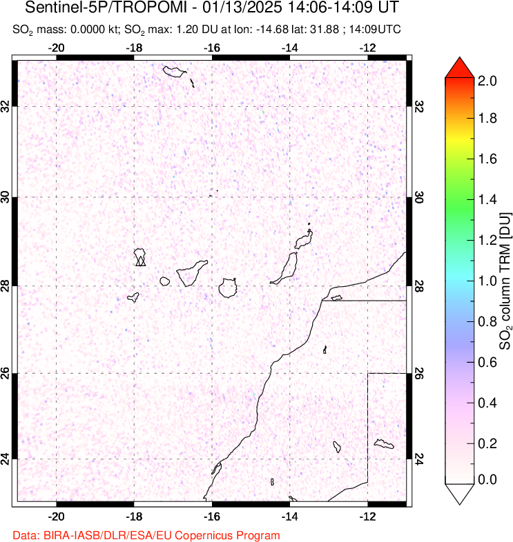 A sulfur dioxide image over Canary Islands on Jan 13, 2025.