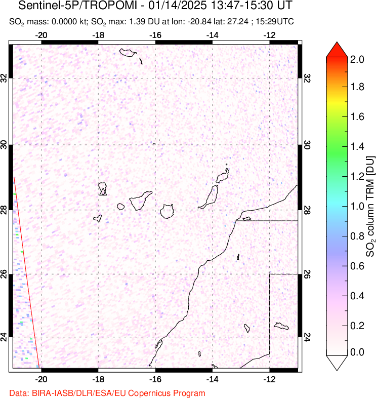 A sulfur dioxide image over Canary Islands on Jan 14, 2025.