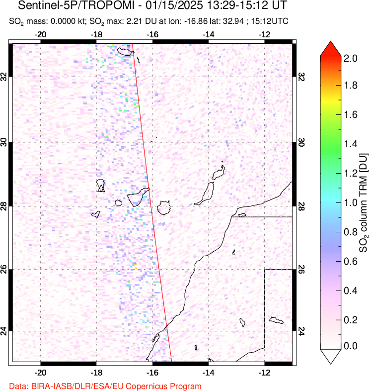 A sulfur dioxide image over Canary Islands on Jan 15, 2025.