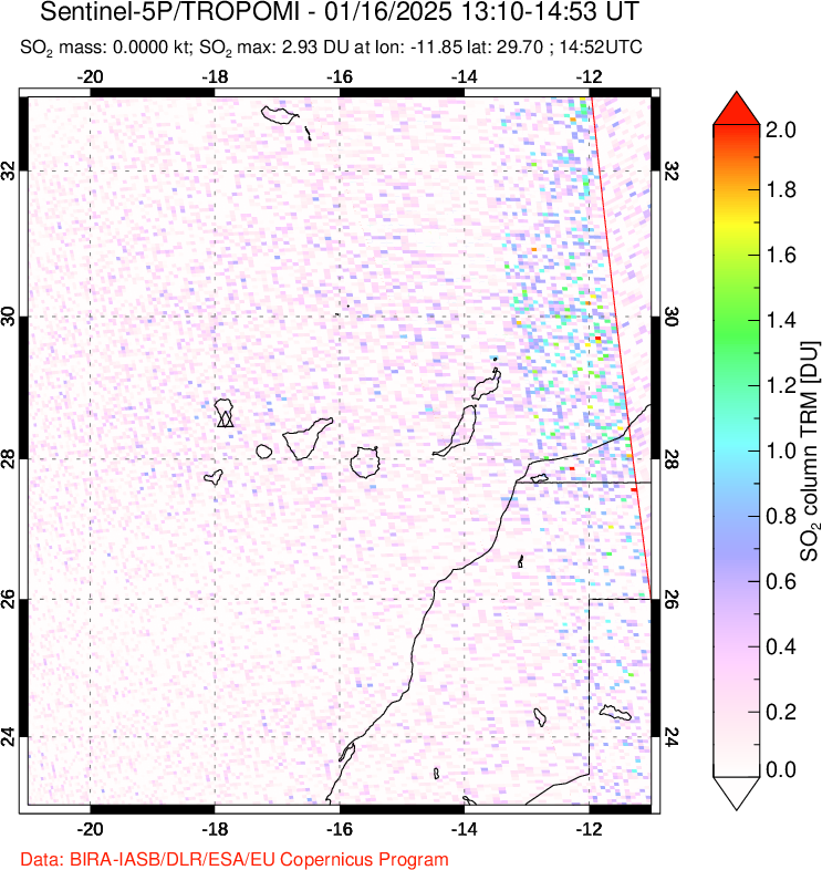 A sulfur dioxide image over Canary Islands on Jan 16, 2025.