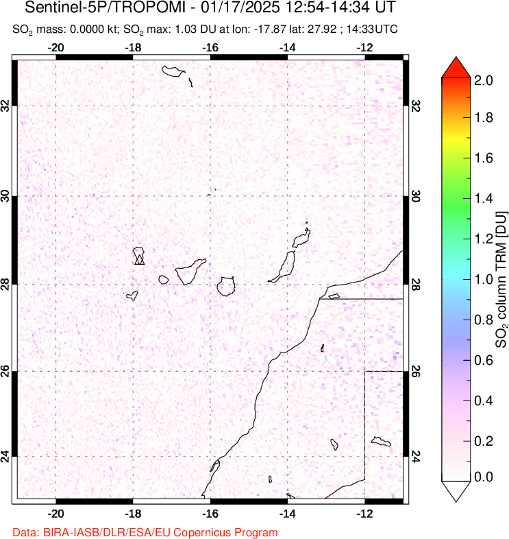 A sulfur dioxide image over Canary Islands on Jan 17, 2025.