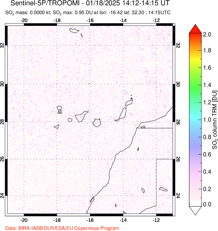 A sulfur dioxide image over Canary Islands on Jan 18, 2025.