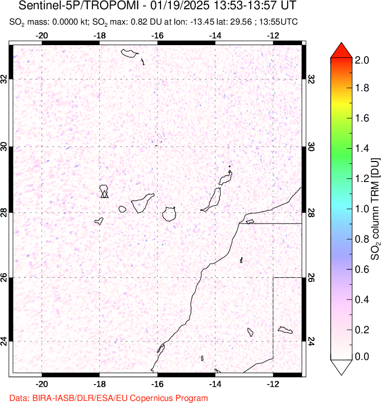 A sulfur dioxide image over Canary Islands on Jan 19, 2025.