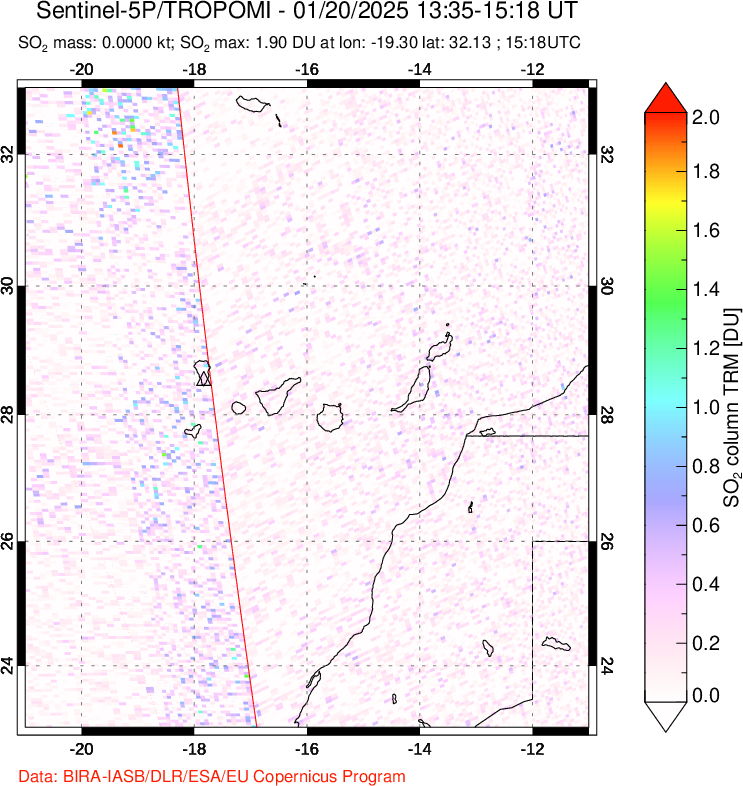 A sulfur dioxide image over Canary Islands on Jan 20, 2025.