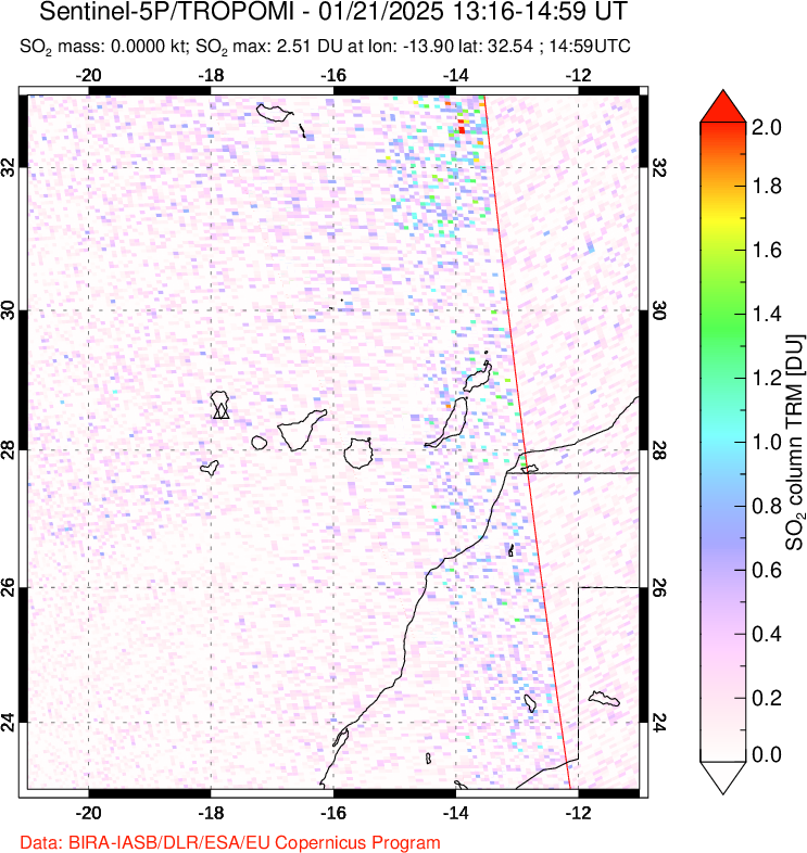 A sulfur dioxide image over Canary Islands on Jan 21, 2025.