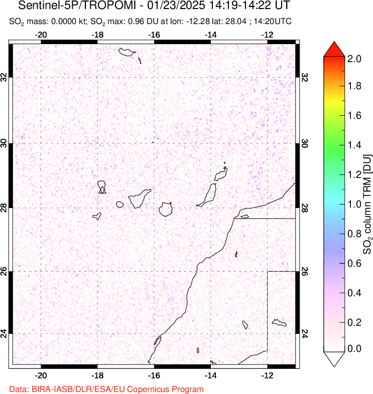 A sulfur dioxide image over Canary Islands on Jan 23, 2025.