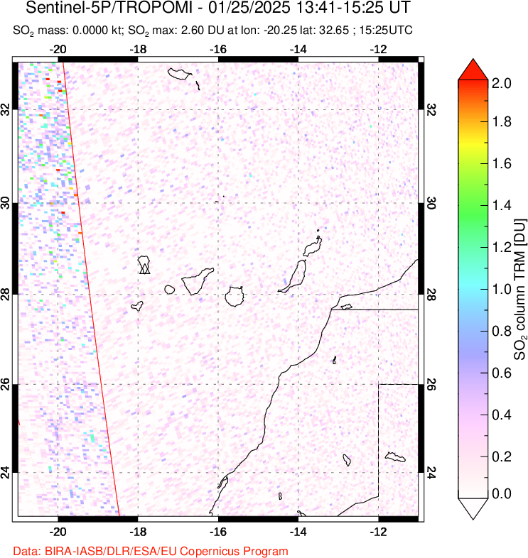 A sulfur dioxide image over Canary Islands on Jan 25, 2025.