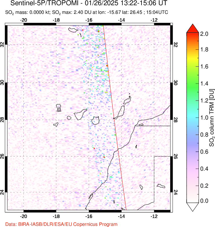 A sulfur dioxide image over Canary Islands on Jan 26, 2025.