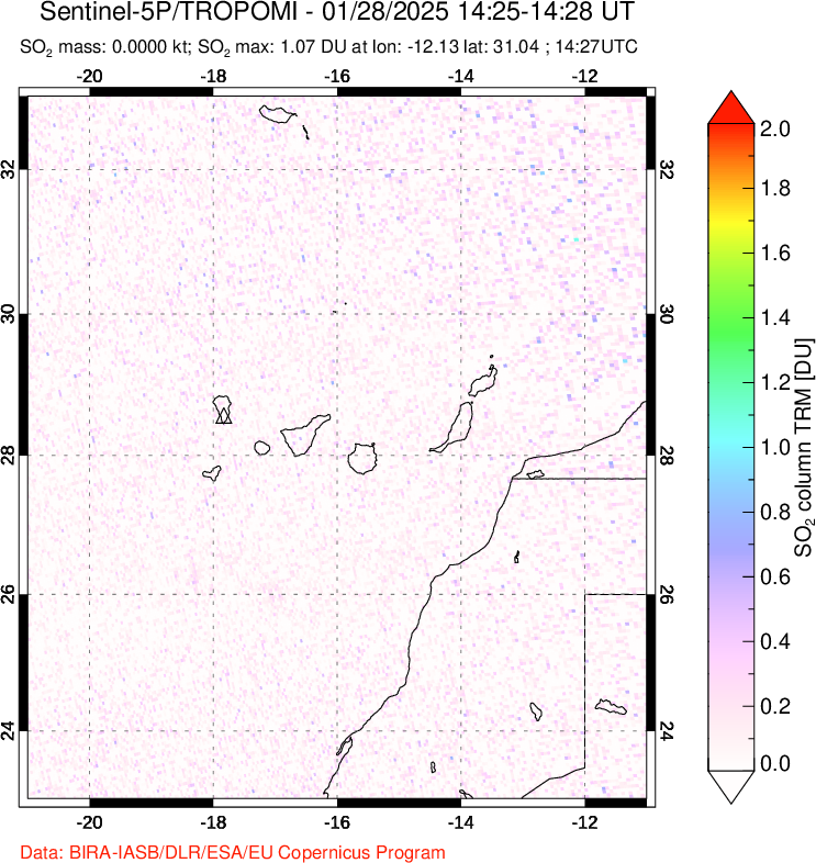 A sulfur dioxide image over Canary Islands on Jan 28, 2025.