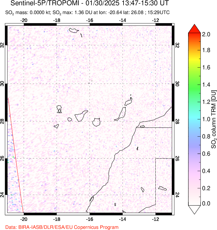 A sulfur dioxide image over Canary Islands on Jan 30, 2025.