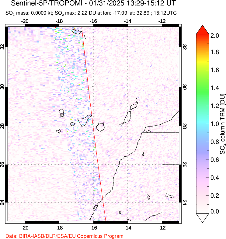 A sulfur dioxide image over Canary Islands on Jan 31, 2025.