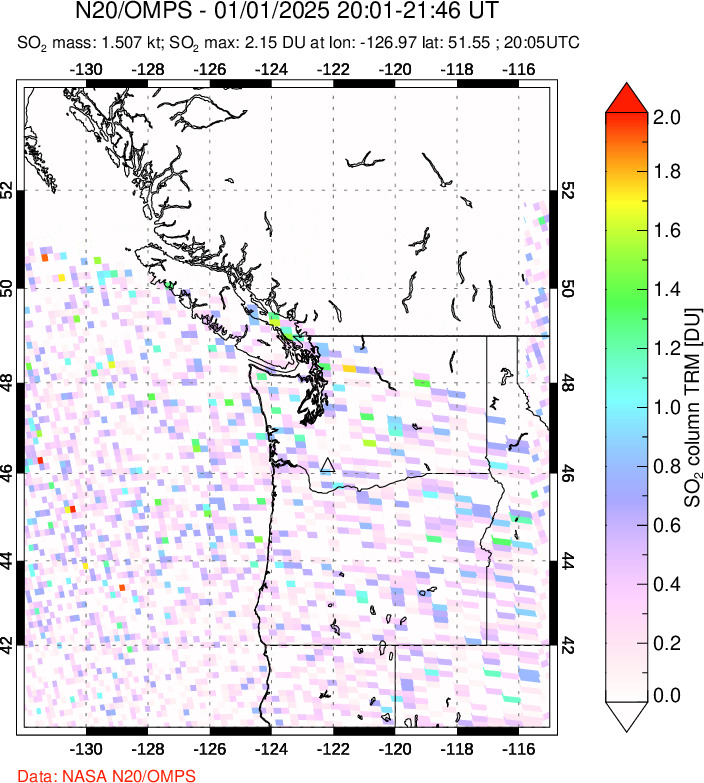 A sulfur dioxide image over Cascade Range, USA on Jan 01, 2025.