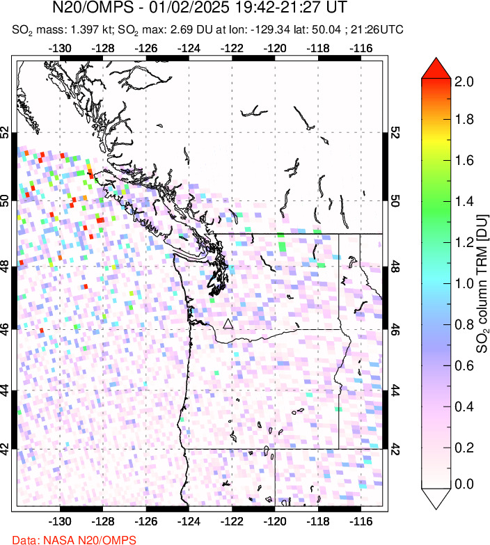 A sulfur dioxide image over Cascade Range, USA on Jan 02, 2025.