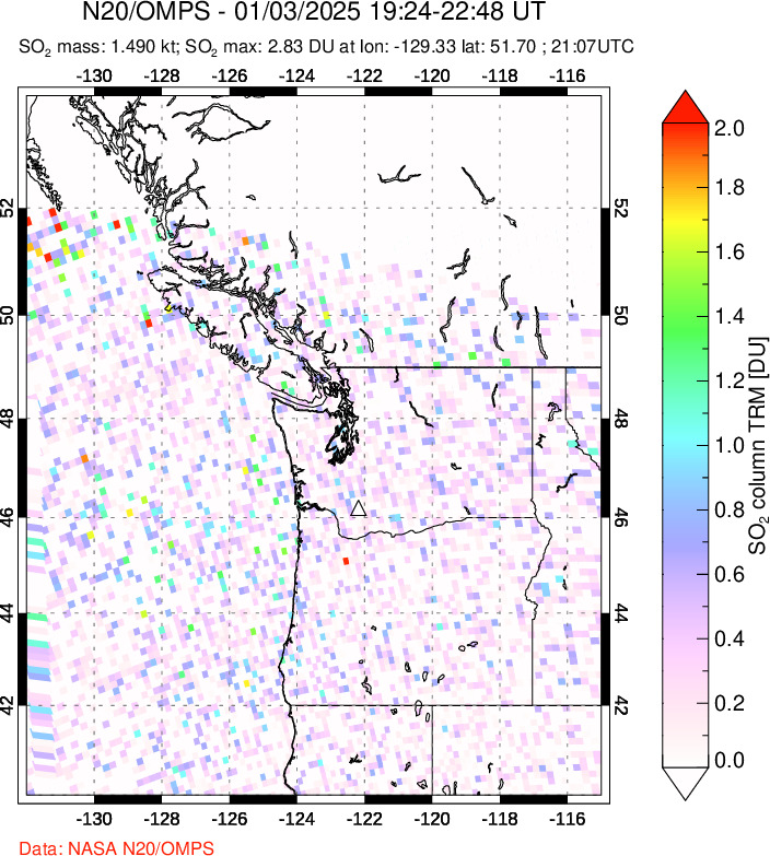 A sulfur dioxide image over Cascade Range, USA on Jan 03, 2025.