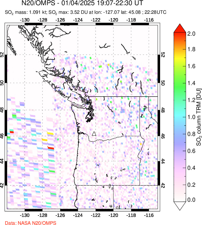 A sulfur dioxide image over Cascade Range, USA on Jan 04, 2025.