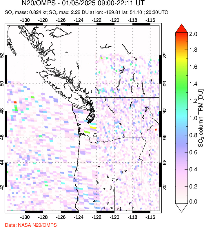 A sulfur dioxide image over Cascade Range, USA on Jan 05, 2025.