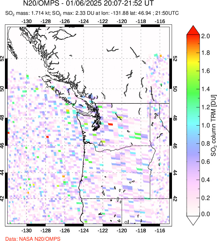 A sulfur dioxide image over Cascade Range, USA on Jan 06, 2025.