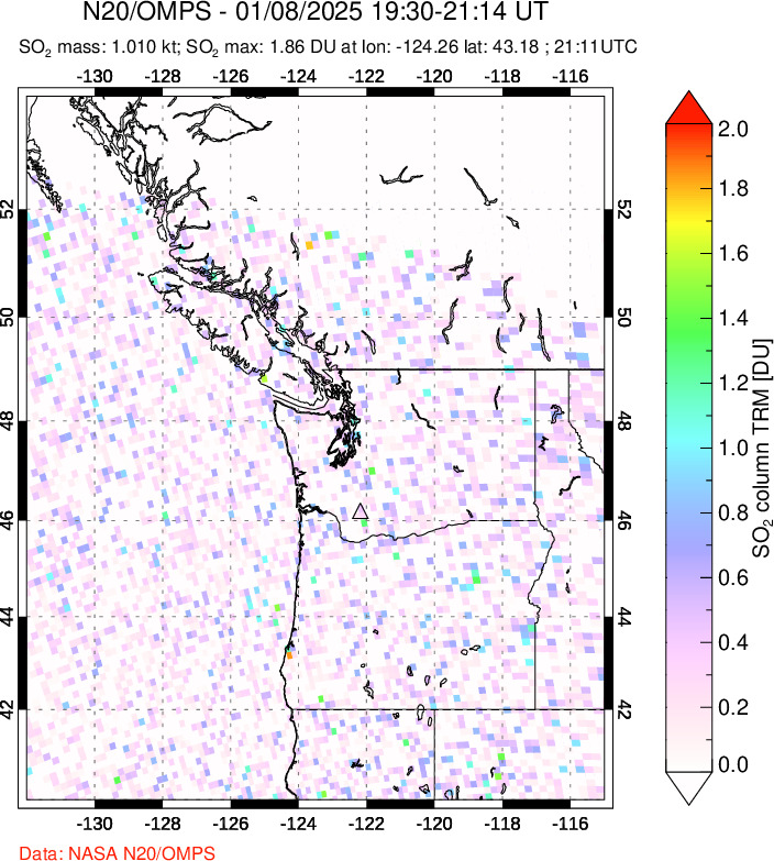 A sulfur dioxide image over Cascade Range, USA on Jan 08, 2025.